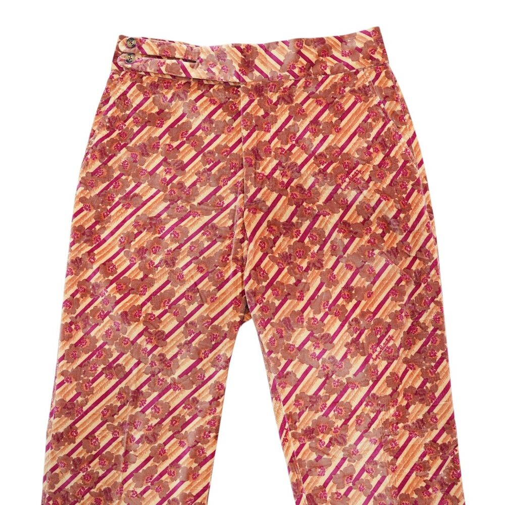 Mens 32 Gurkha Pants Tan Magenta Floral Striped Velvet High Waist Retro Wedding